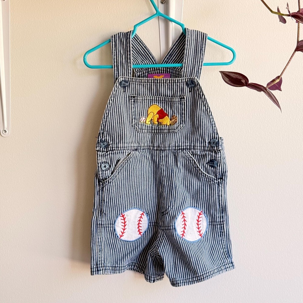 Vintage Disney Baby Overalls 18 Months Striped Denim Winnie the Pooh Baseball